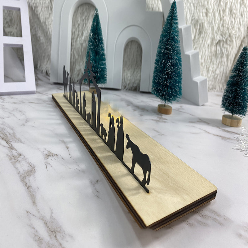 Portavelas de Nacimiento Navideño – Silueta Metálica y Base de Madera | Adorno del Nacimiento de Jesús para Decoración y Regalo