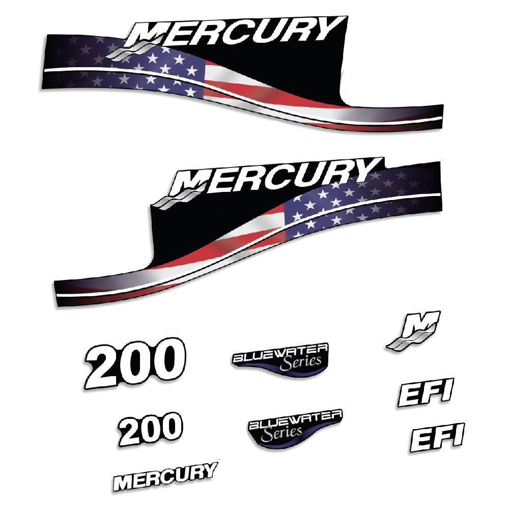 Adhesivos Mercury 200HP EFI BlueWater edición bandera USA motor fueraborda pegatinas en vinilo