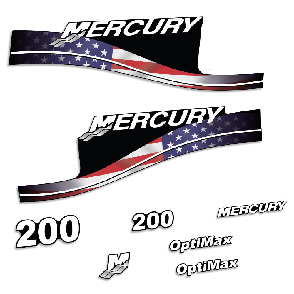 Adhesivos Mercury 200HP Optimax BlueWater edición bandera USA motor fueraborda pegatinas en vinilo