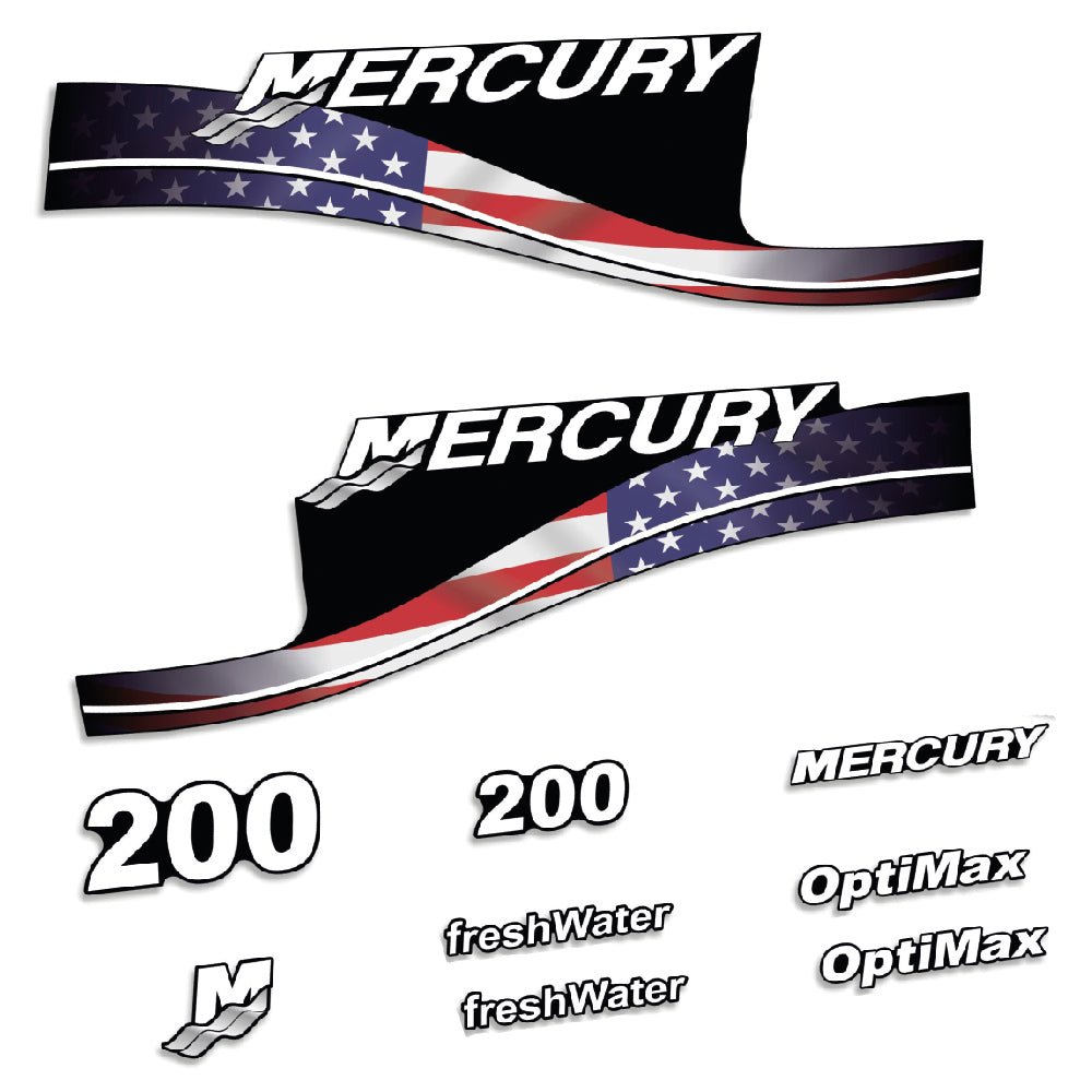 Adhesivos Mercury 200HP Optimax FreshWater edición bandera USA motor fueraborda pegatinas en vinilo