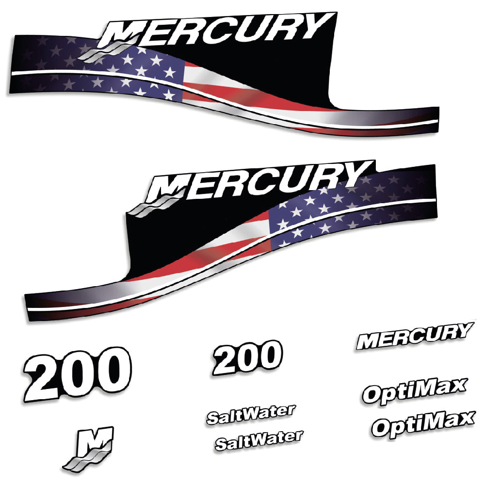 Adhesivos Mercury 200HP Optimax SaltWater edición bandera USA motor fueraborda pegatinas en vinilo