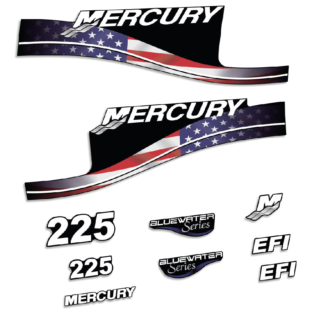 Adhesivos Mercury 225HP EFI BlueWater edición bandera USA motor fueraborda pegatinas en vinilo