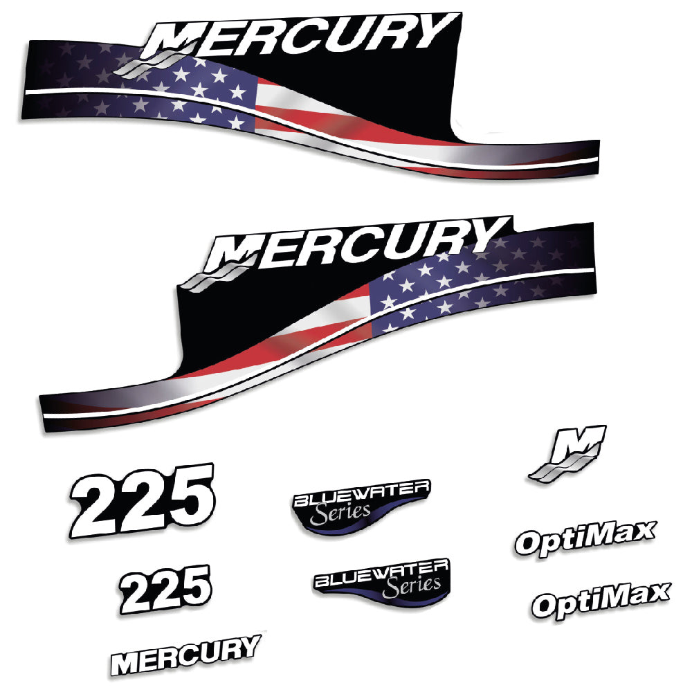 Adhesivos Mercury 225HP Optimax BlueWater edición bandera USA motor fueraborda pegatinas en vinilo