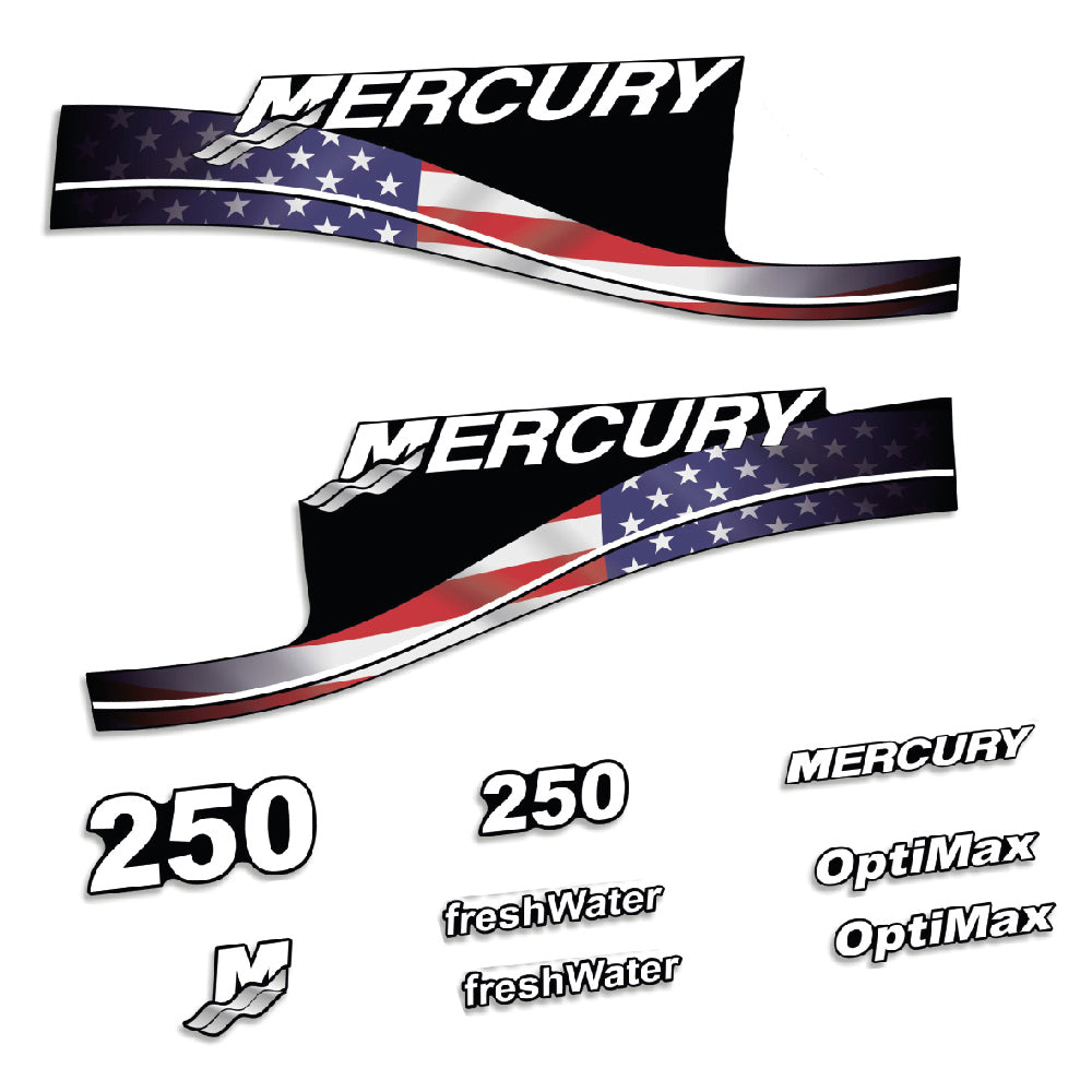 Adhesivos Mercury 250HP Optimax FreshWater edición bandera USA motor fueraborda pegatinas en vinilo