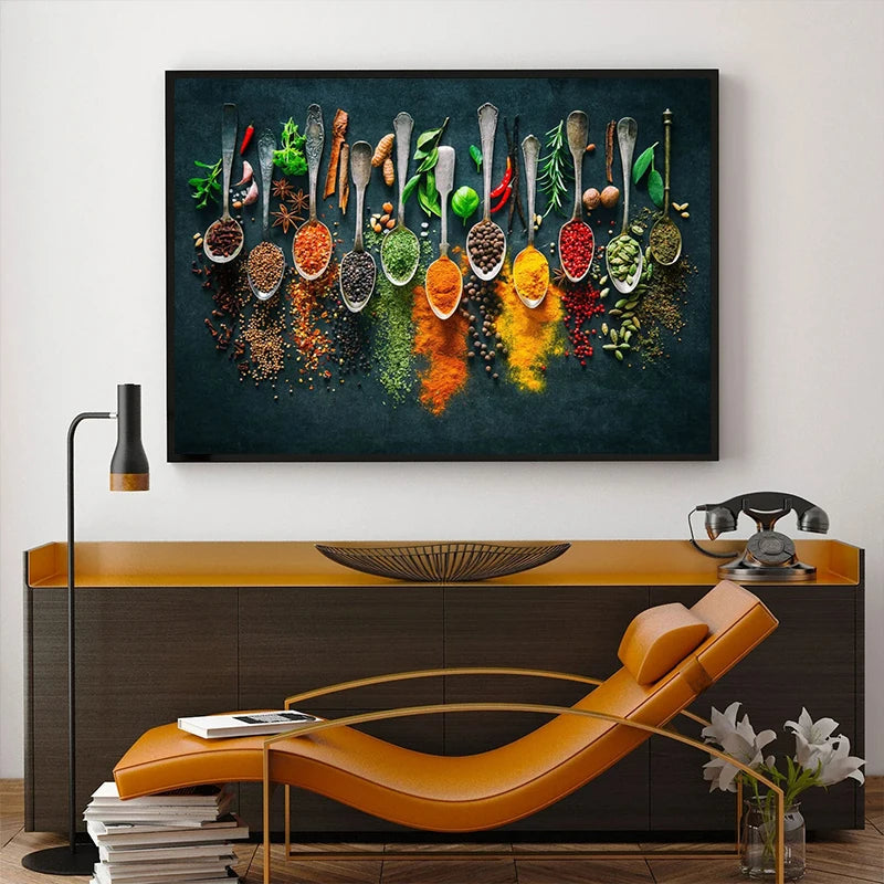 Arte de Pared de Cocina: Lienzo de Hierbas, Especias y Utensilios de Sushi – Decoración Elegante para Hogar y Cocina