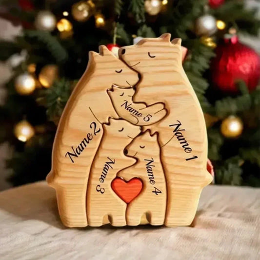 Rompecabezas de Madera en Forma de Oso para la Familia - Personalizado con Nombre, Decoración para el Hogar, Regalo Perfecto para Bebés y Mamás en Navidad