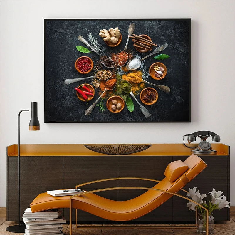 Arte de Pared de Cocina: Lienzo de Hierbas, Especias y Utensilios de Sushi – Decoración Elegante para Hogar y Cocina