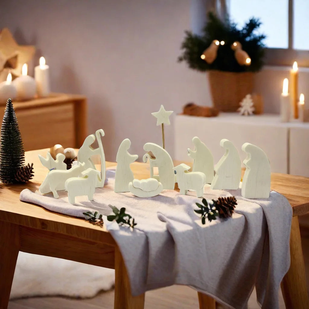 Conjunto de Nacimiento de Madera – Decoración Moderna de Navidad con 11 Figuras de Madera Natural