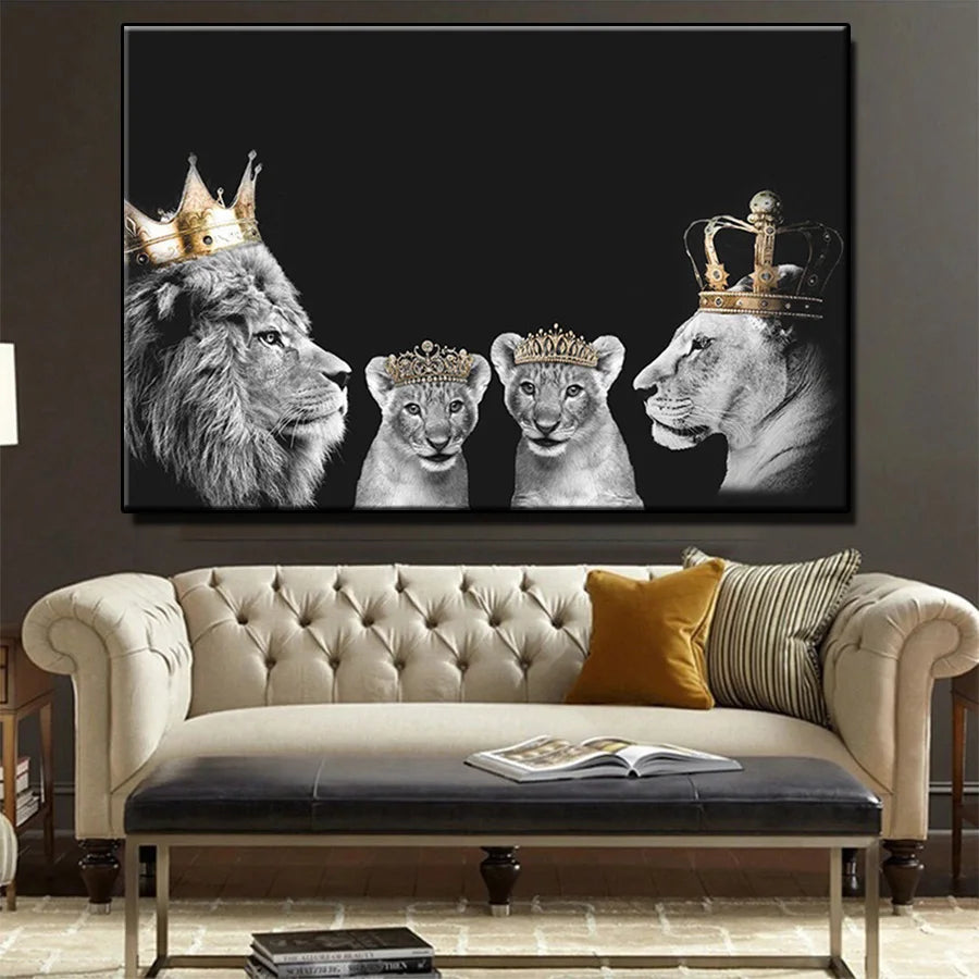 Pintura de Diamantes 5D – León con Corona, Familia, Amor e Inspiración | Bordado Completo para Decoración del Hogar