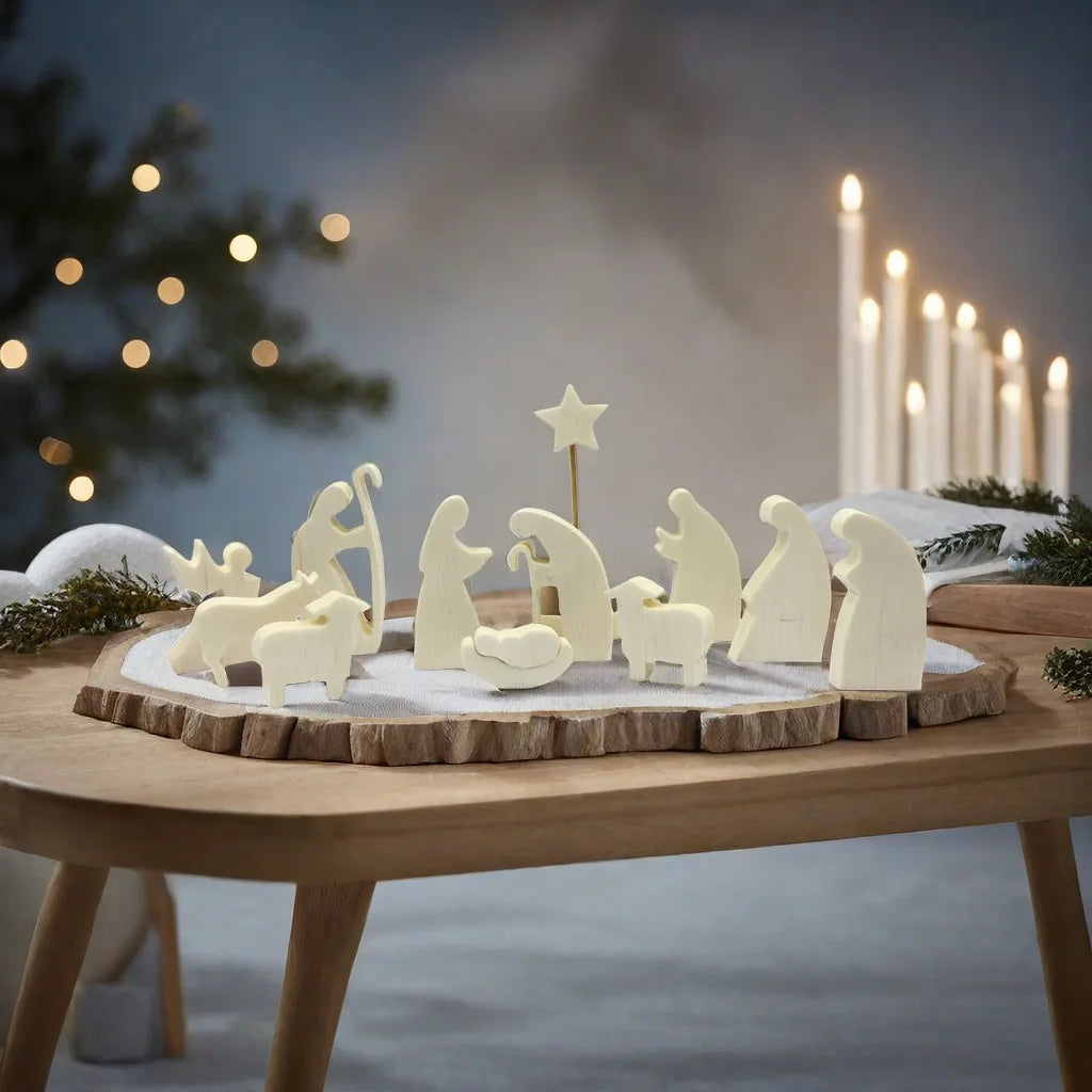 Conjunto de Nacimiento de Madera – Decoración Moderna de Navidad con 11 Figuras de Madera Natural