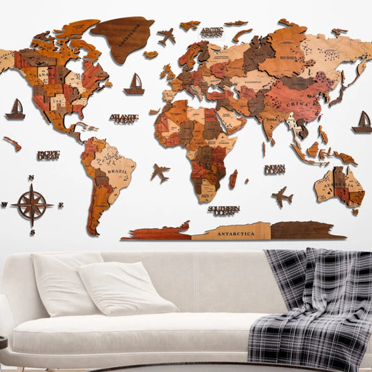 Mapa Mundial Nórdico en 3D de Madera Maciza - Decoración de Pared Creativa y Pegatinas Decorativas para Oficina