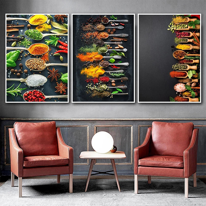 Arte de Pared de Cocina: Lienzo de Hierbas, Especias y Utensilios de Sushi – Decoración Elegante para Hogar y Cocina